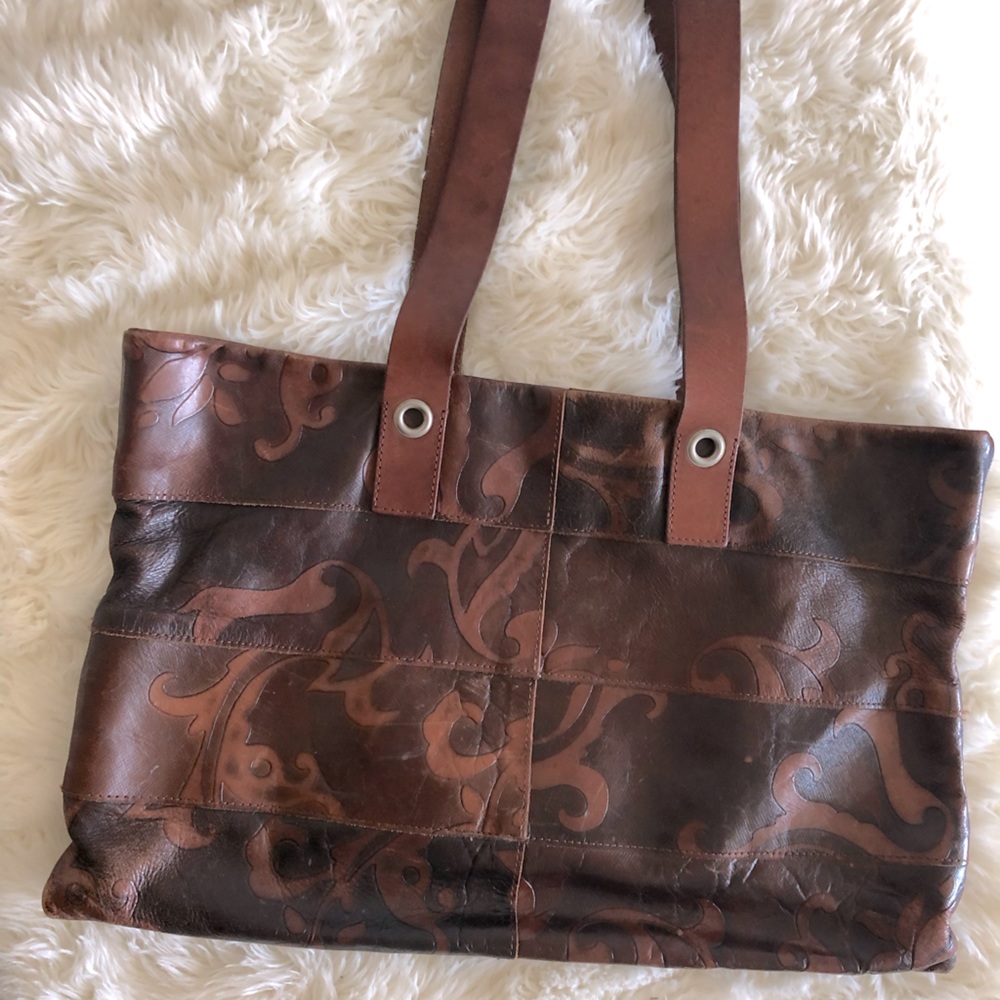 Beautiful Leather Tote - Made in Italy - Brown Leather with Design